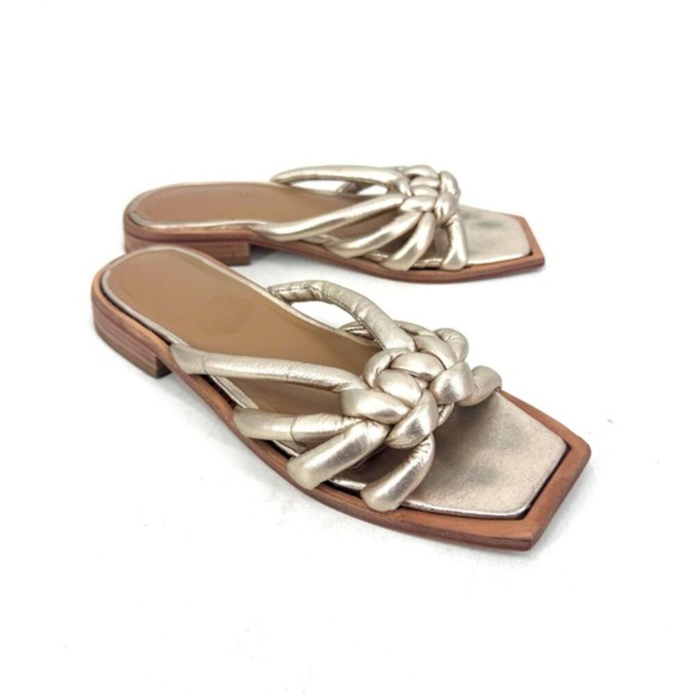 Wal & Pai Gold Metallic Braided Knot Square Toe Leather Slide Sandals Size 38